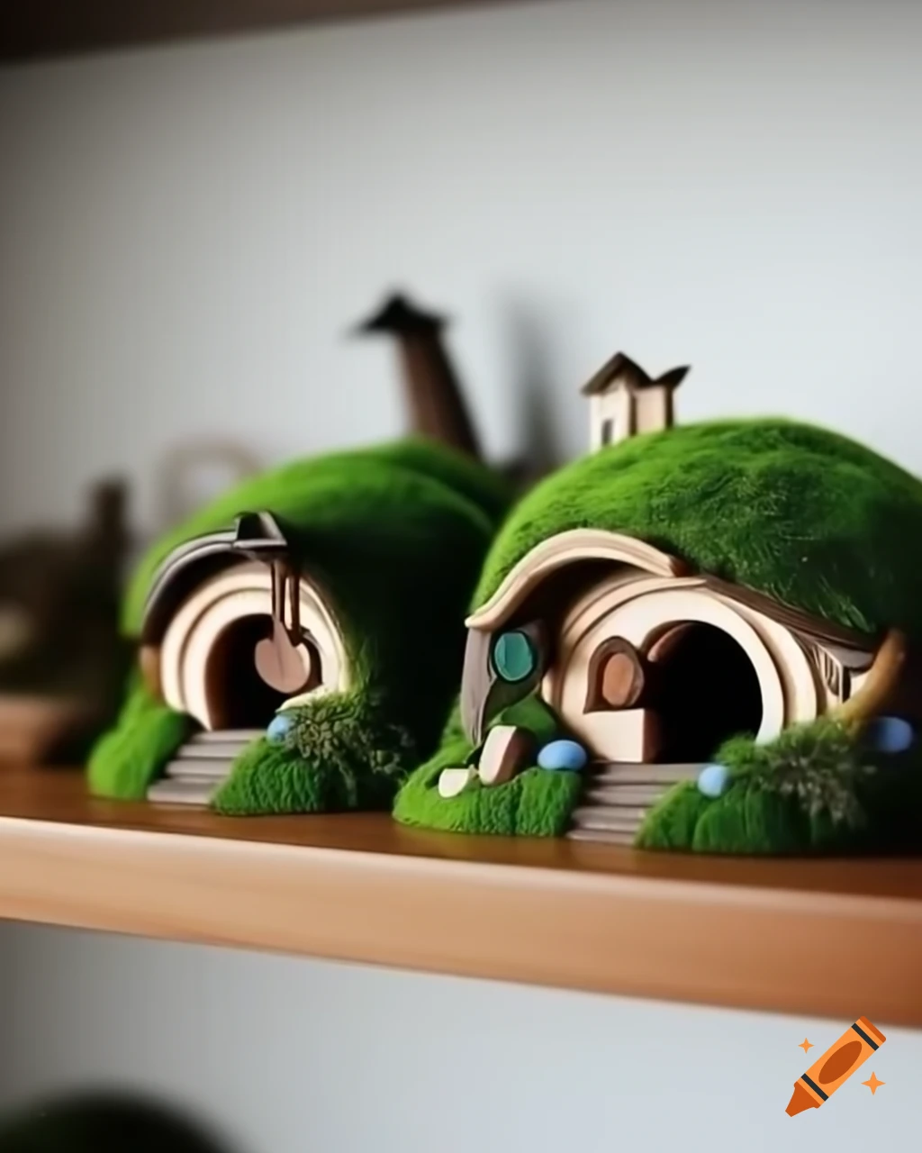 Moss-covered hobbit homes on minimalist shelf, whimsical decor