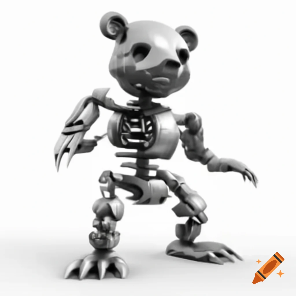 Anime style steampunk teddy bear made of titanium with claws and teeth
