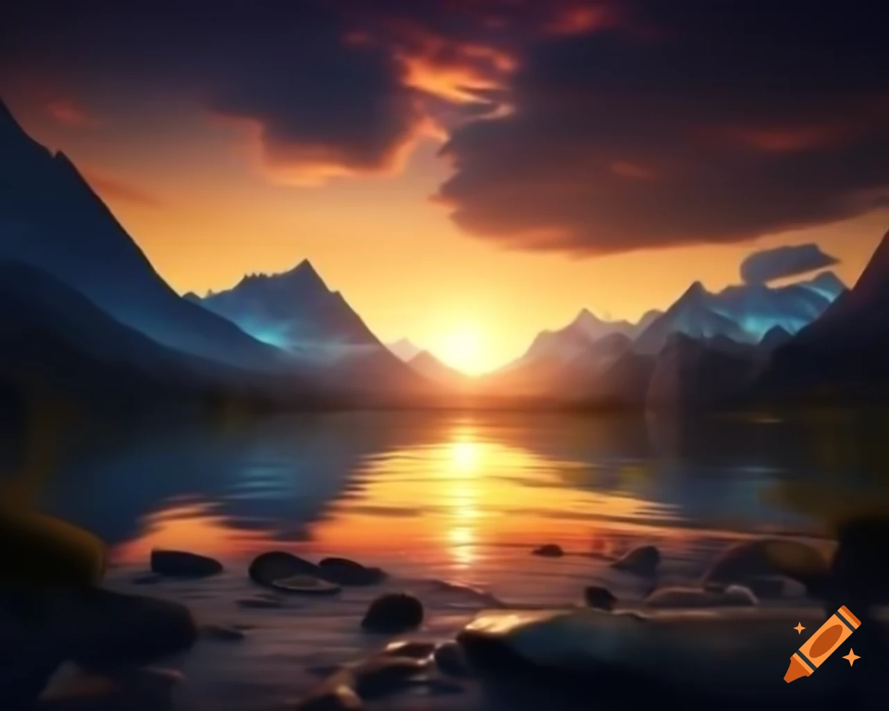 Photorealistic 3D render of mountain lake at sunset with sun rays and island