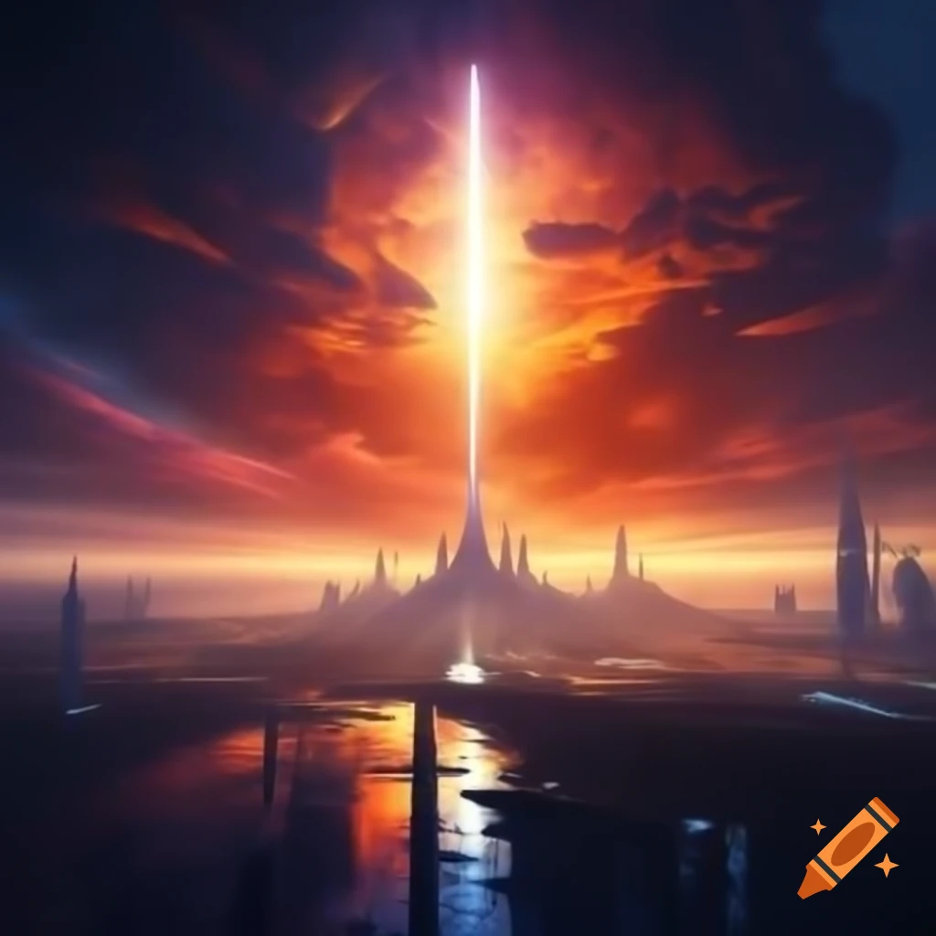 Futuristic cityscape at sunrise with gleaming towers and shadows