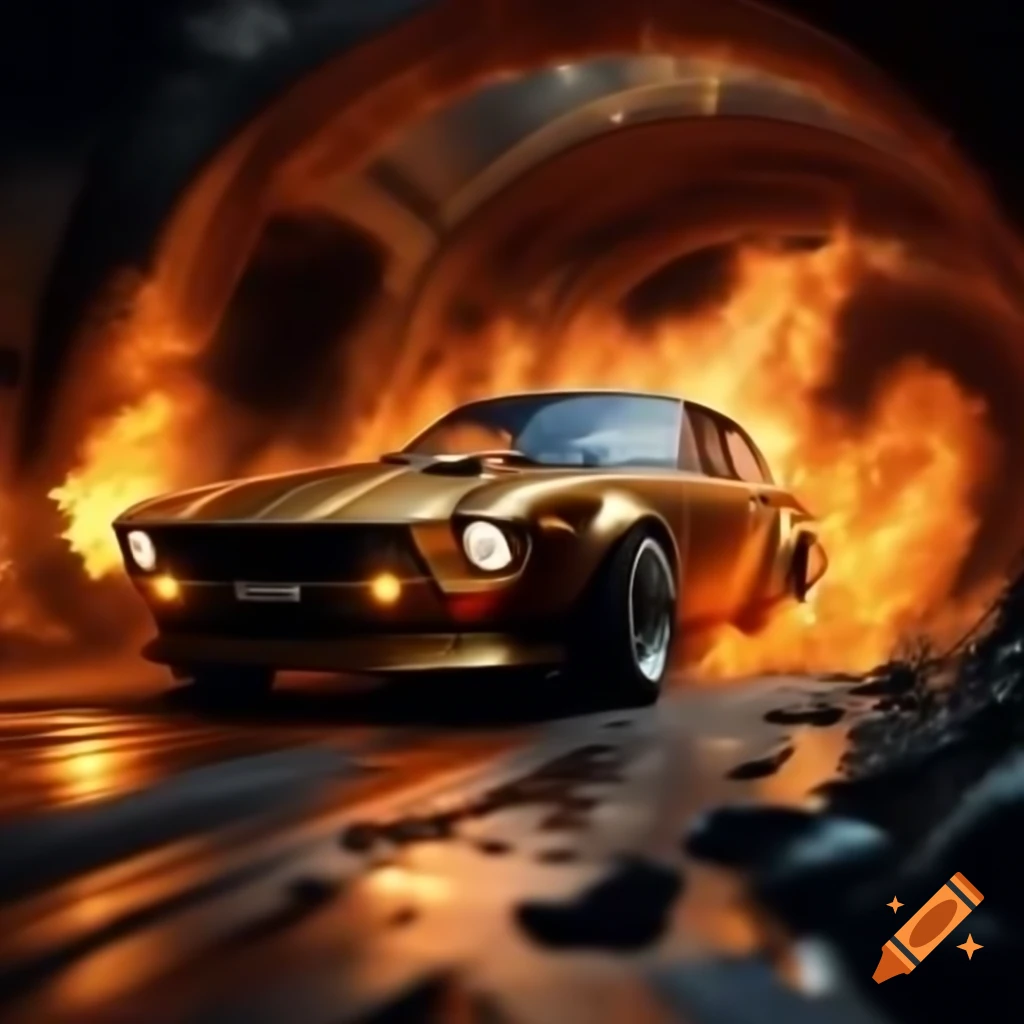 Super Fractal Dream Gold Trimmed Datsun Time Travelling Car speeding through time leaving fire trail