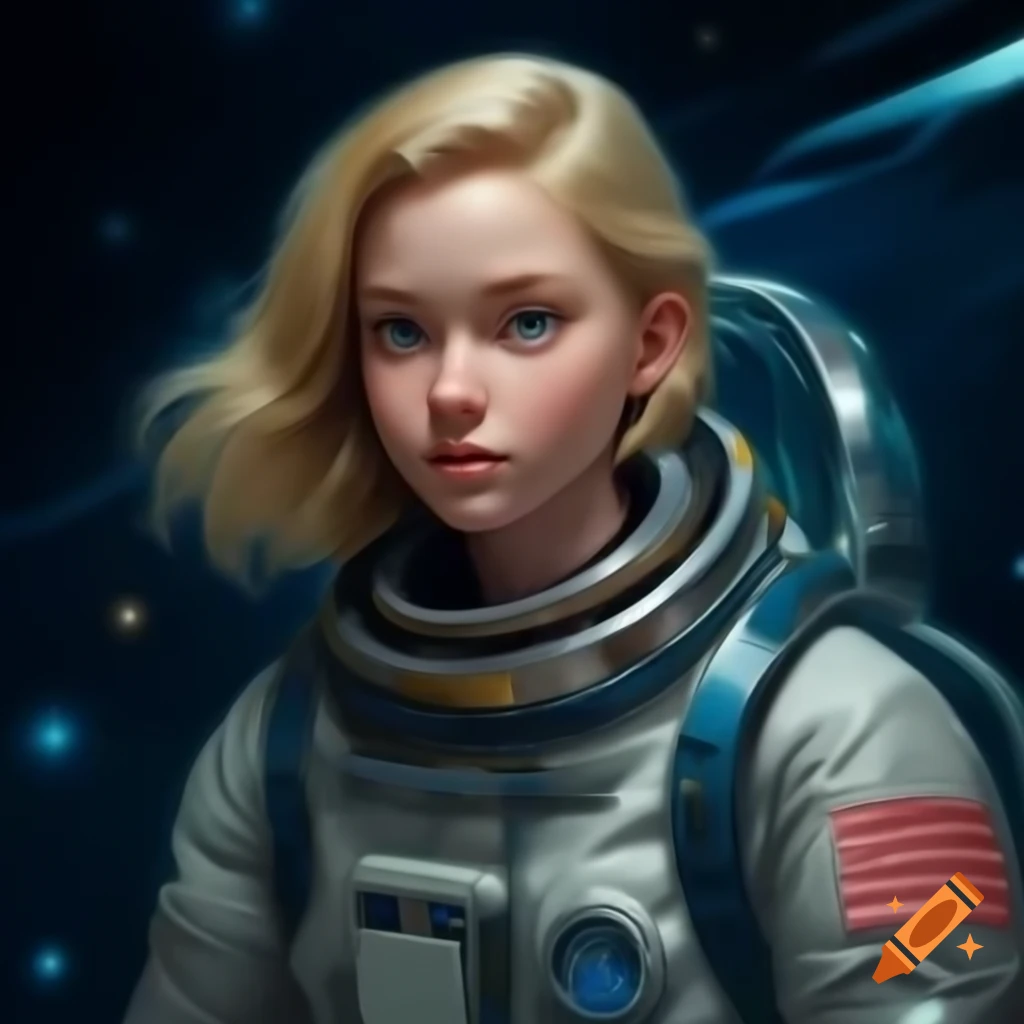Youthful astronaut with blonde hair in starry space, ready for exploration