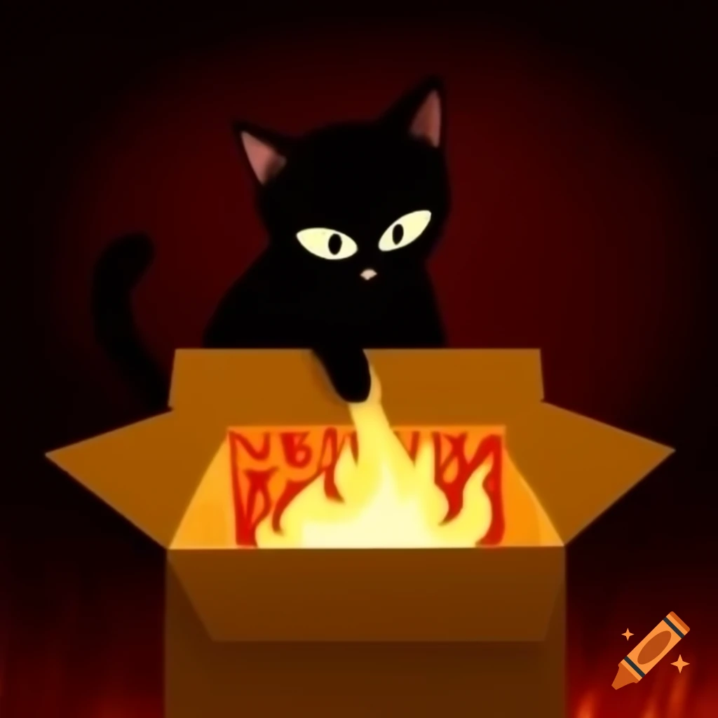 Cartoon image of black cat with fire in background