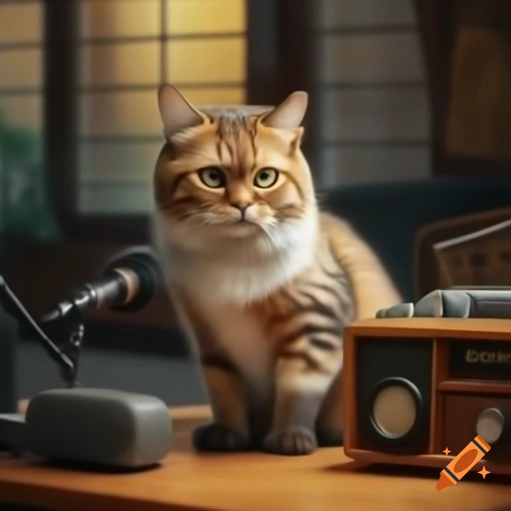 Torti cat beside radio in anime style