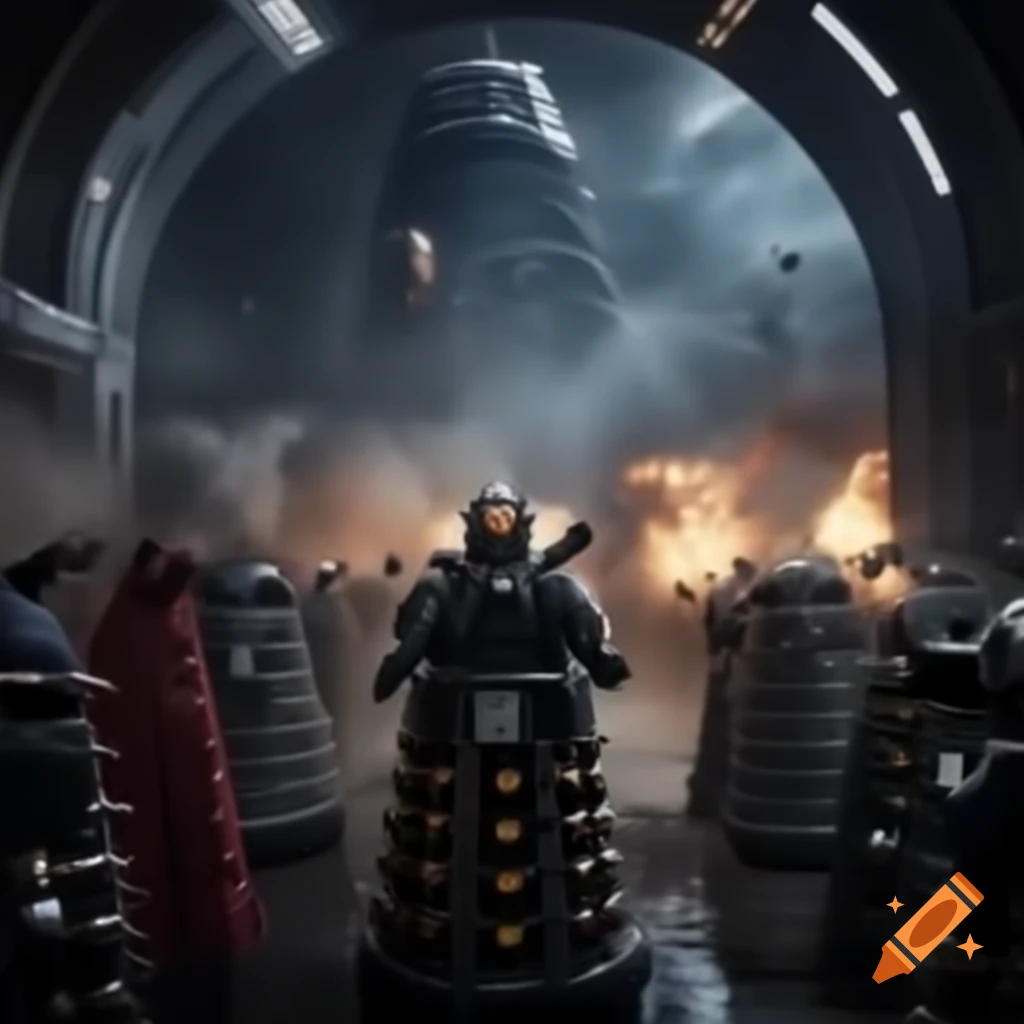Chancellery Guards fighting Daleks in futuristic interior with explosions