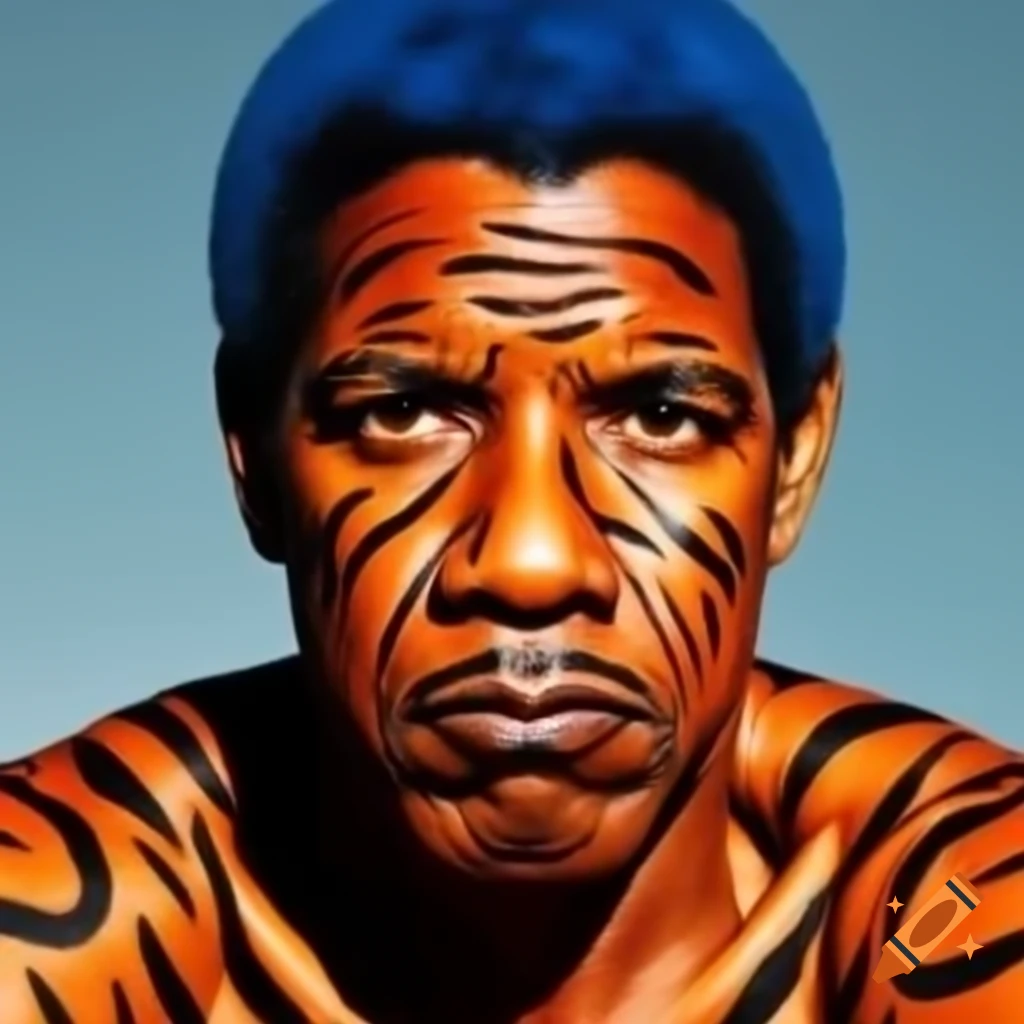 Muscular figure with tiger-style makeup featuring blue hair and orange skin