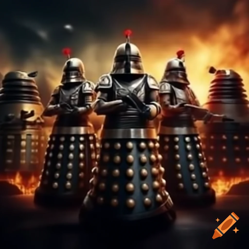 Chancellery Guard of Gallifrey charging into futuristic citadel to battle Daleks surrounded by vortex energy