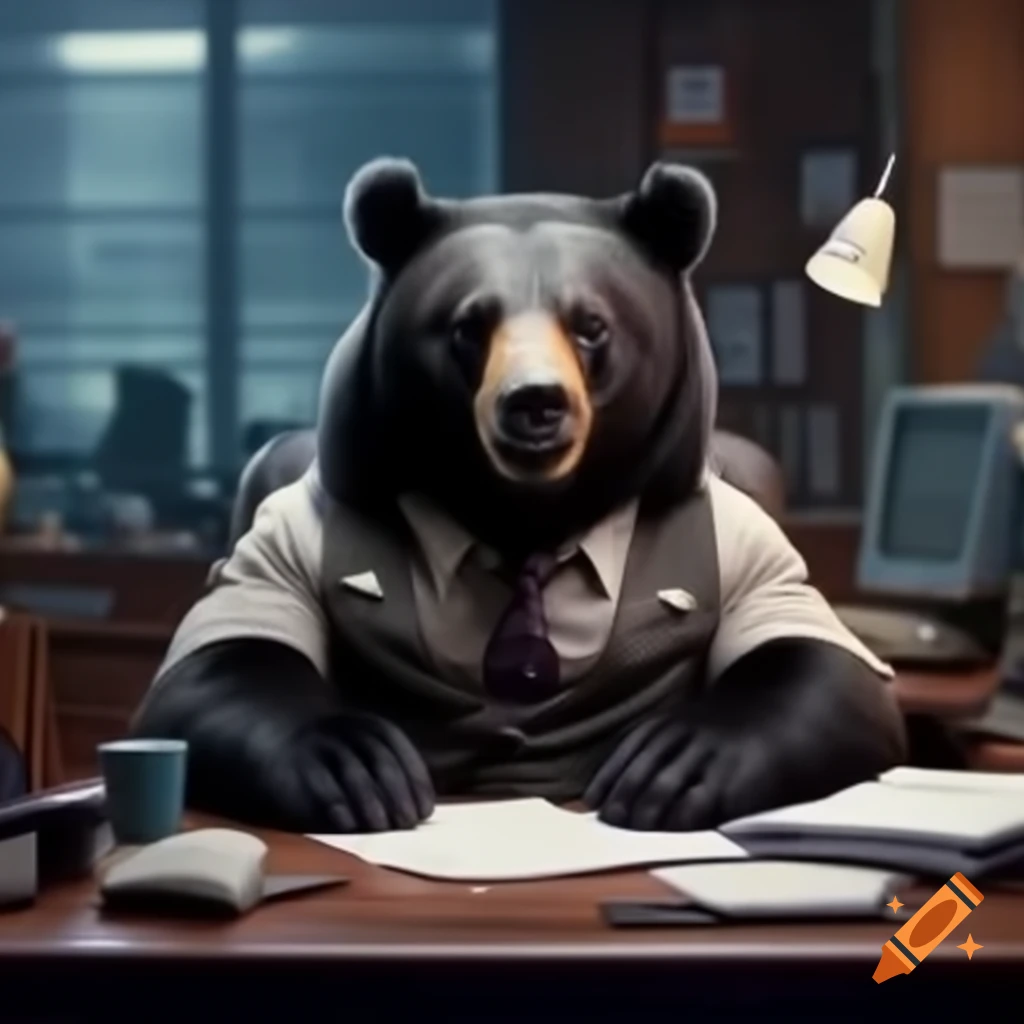 Black bear in office casual attire sitting at desk doing taxes in 1970s office