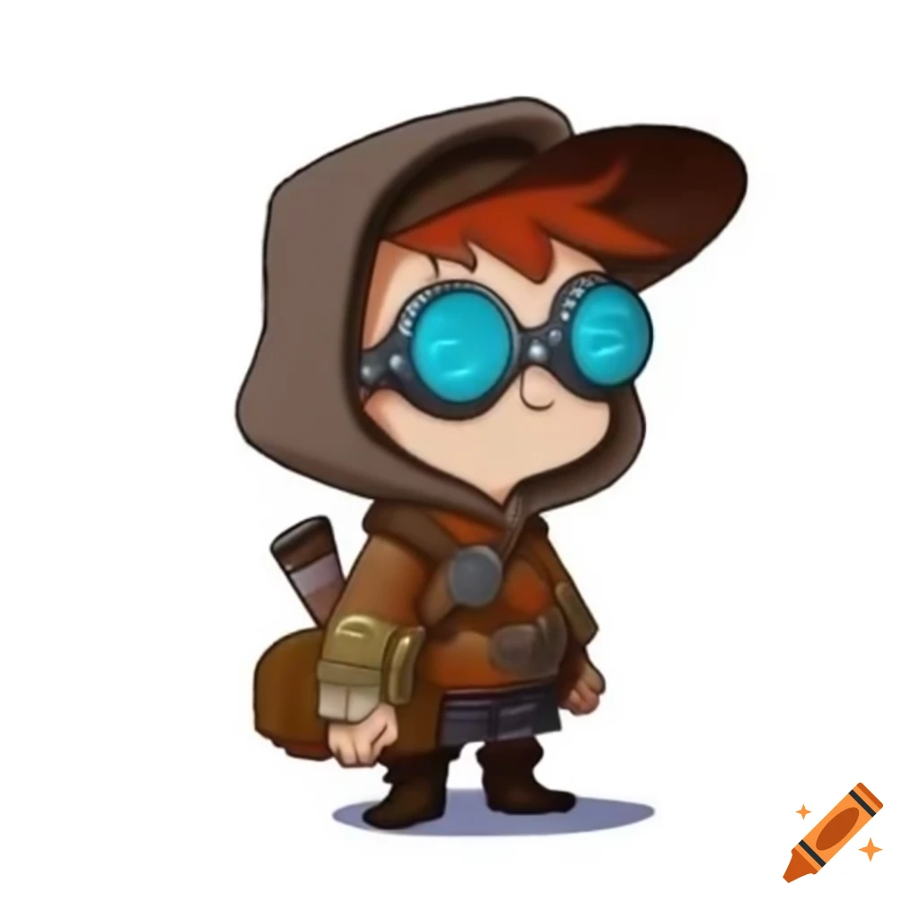 Young cartoon adventurer with welding goggles, black mask, and brown backpack