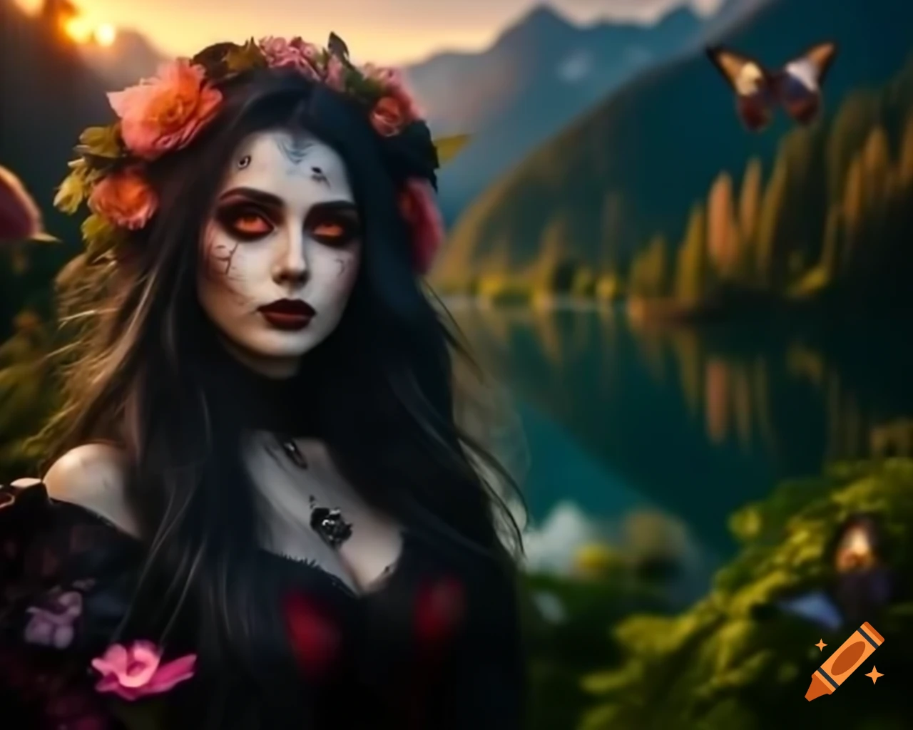 Hyperrealistic octane render of Gothic woman with floral and butterfly hair decoration