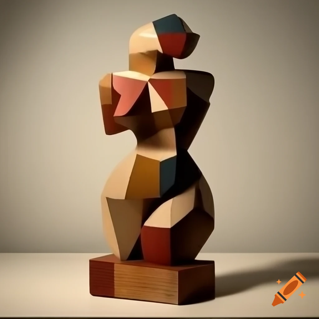 Cubist sculpture of female figure in painted wood