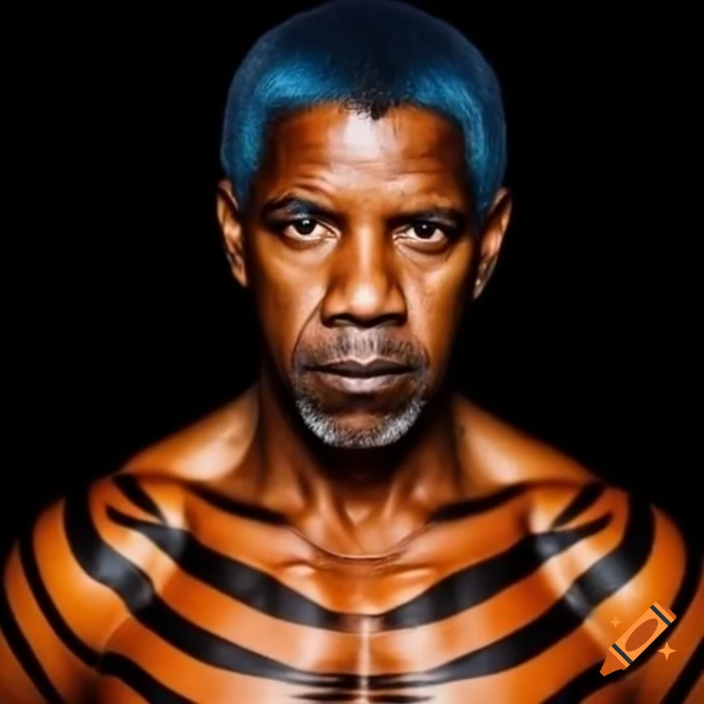 Muscular figure resembling Denzel Washington with tiger-style makeup and blue hair