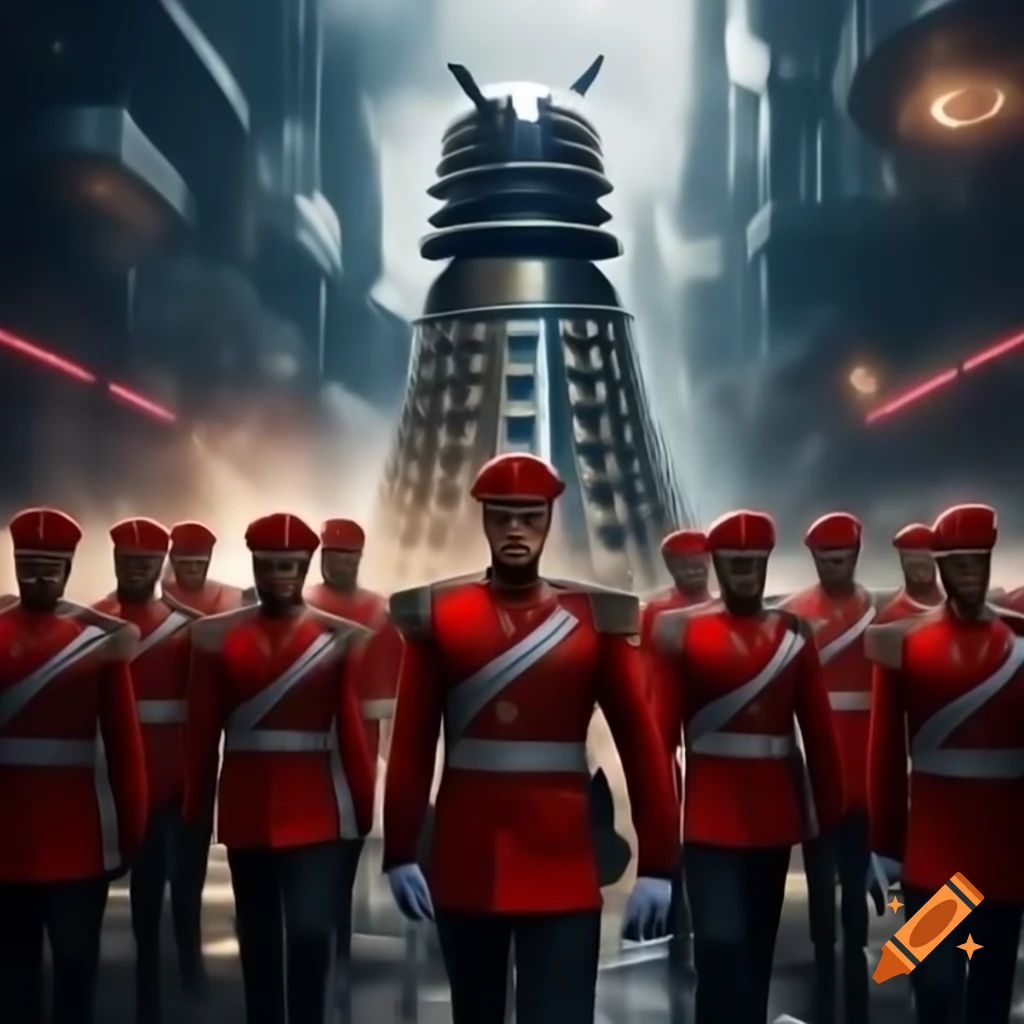 Futuristic Gallifrey Guards charging in red and white uniforms