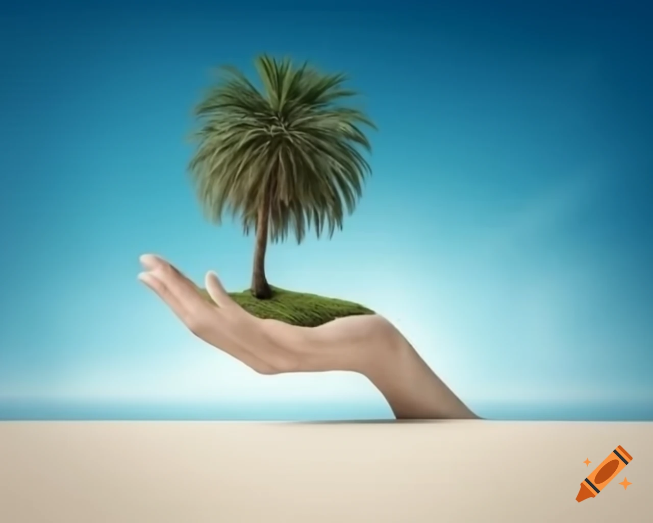 Surreal scene of palm tree growing from human hand