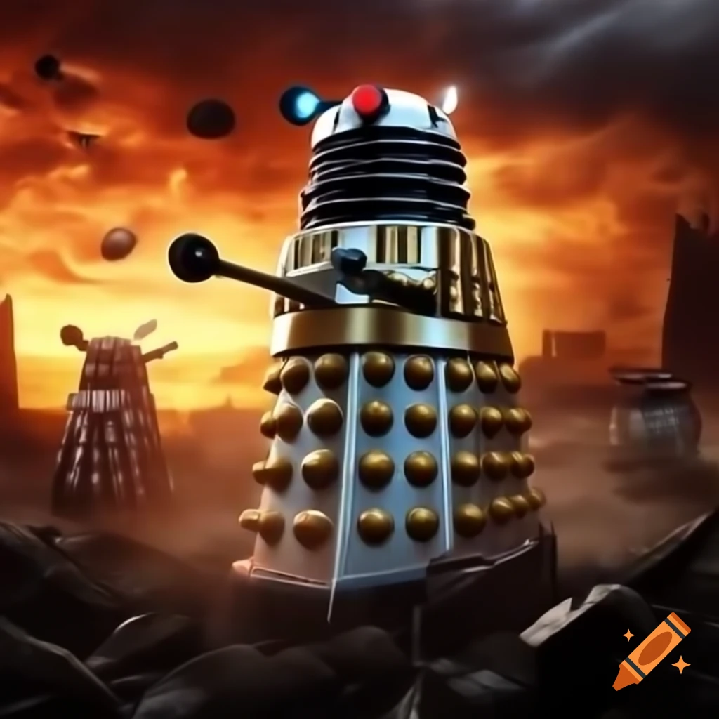 Gallifreyan forces battling Daleks in the Chancellery under burnt orange sky