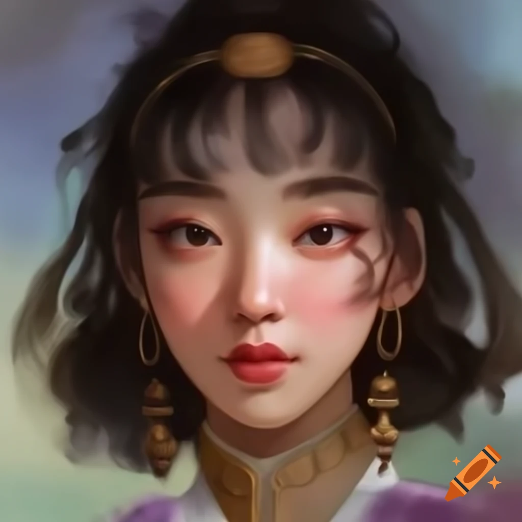 Detailed digital portrait of charming Korean woman in watercolor style