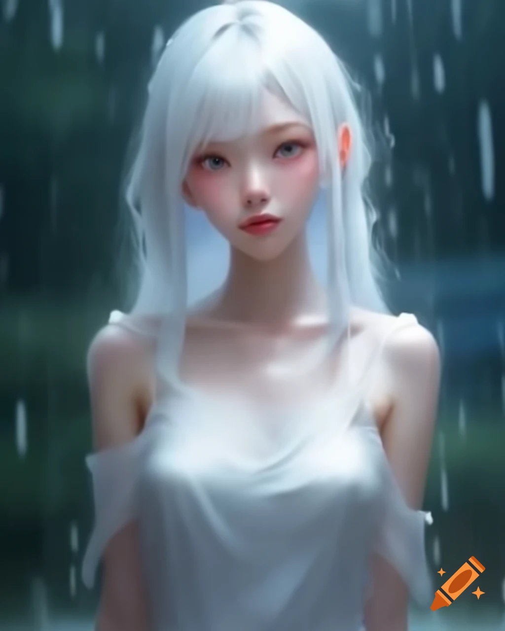 Anime Woman With White Hair In Dress On Rainy Day Realistic Style On 