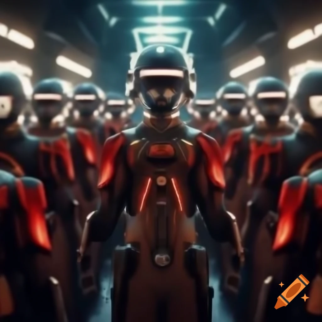Futuristic troop of Chancellery Guards of Gallifrey in red and white uniforms charging with powers
