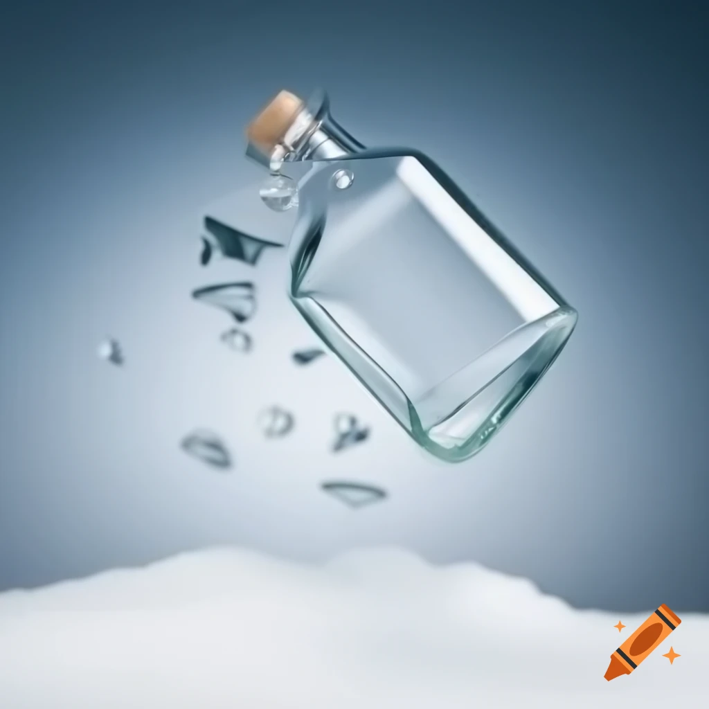 Glass bottle breaking into pieces resembling falling snow