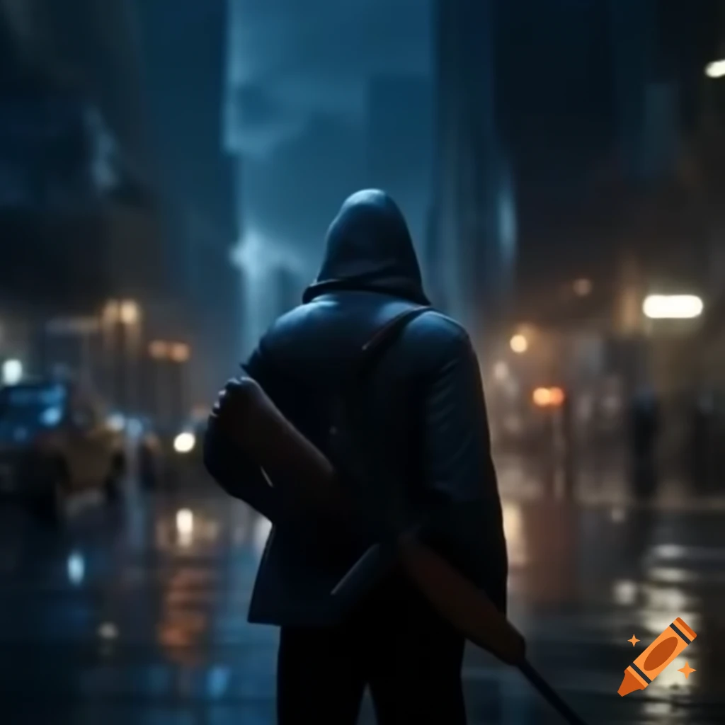 Man holding sniper rifle in rainy noir night city