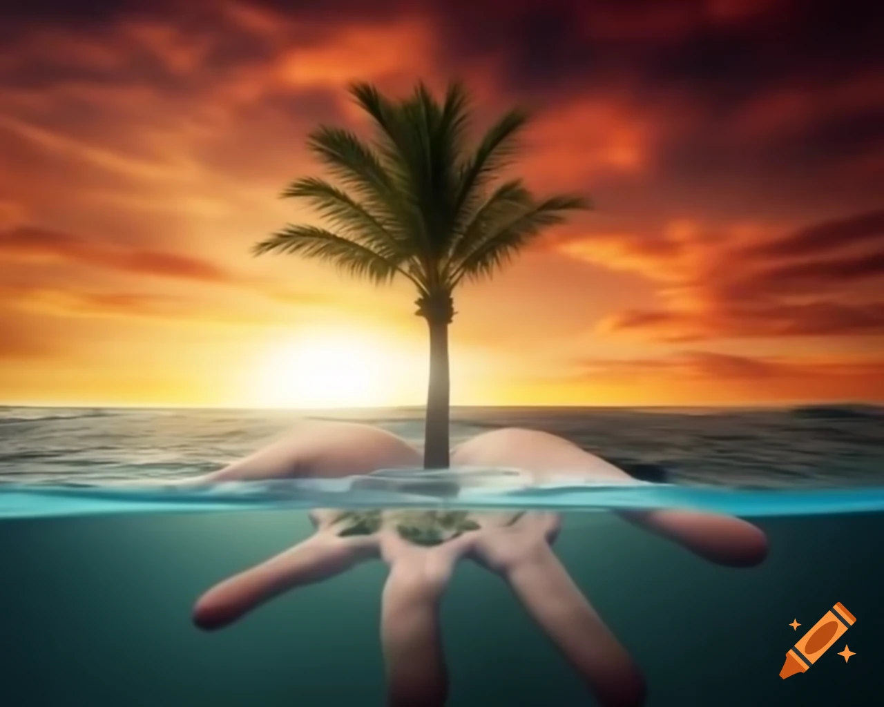 Surreal scene of palm tree growing from outstretched hand at sundown