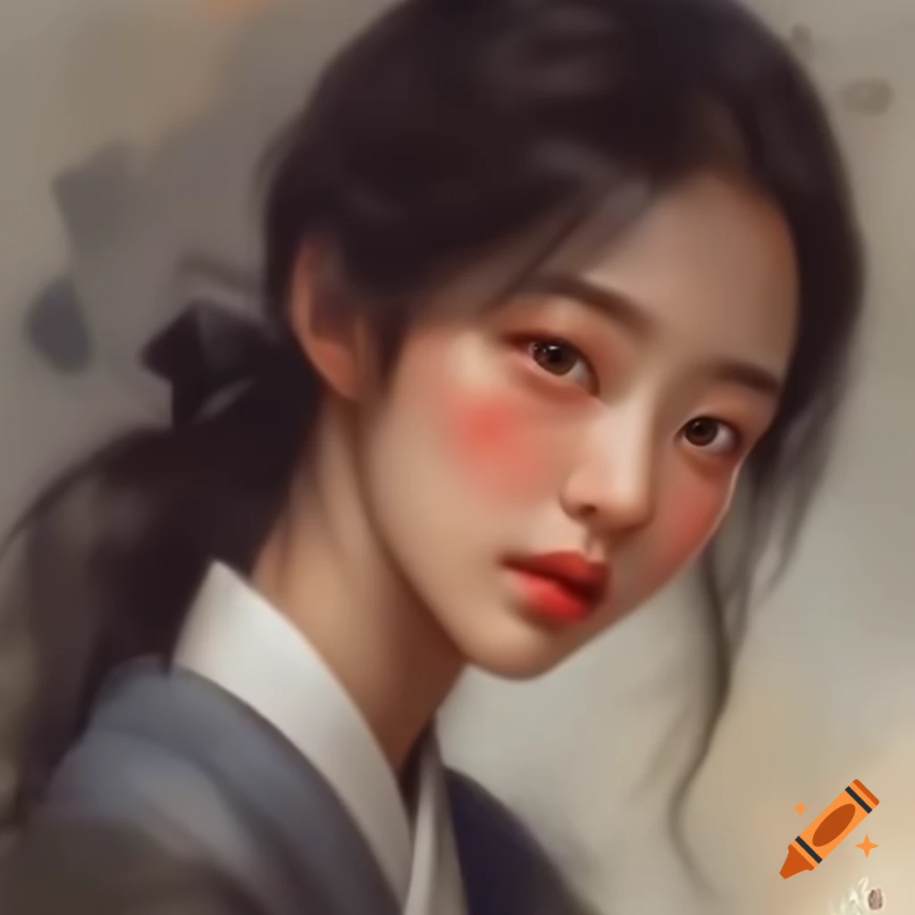 Detailed digital portrait of a charming Korean woman in watercolor style