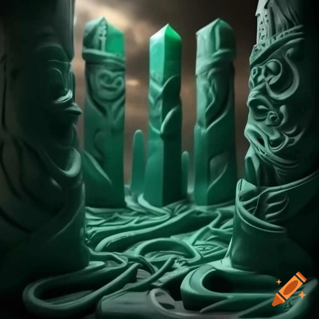 Surreal cityscape with malachite pillars resembling strange figures, high detail