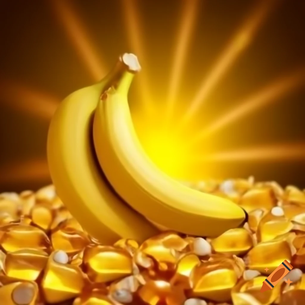 Vibrant banana bathed in golden hues with shiny gemstones