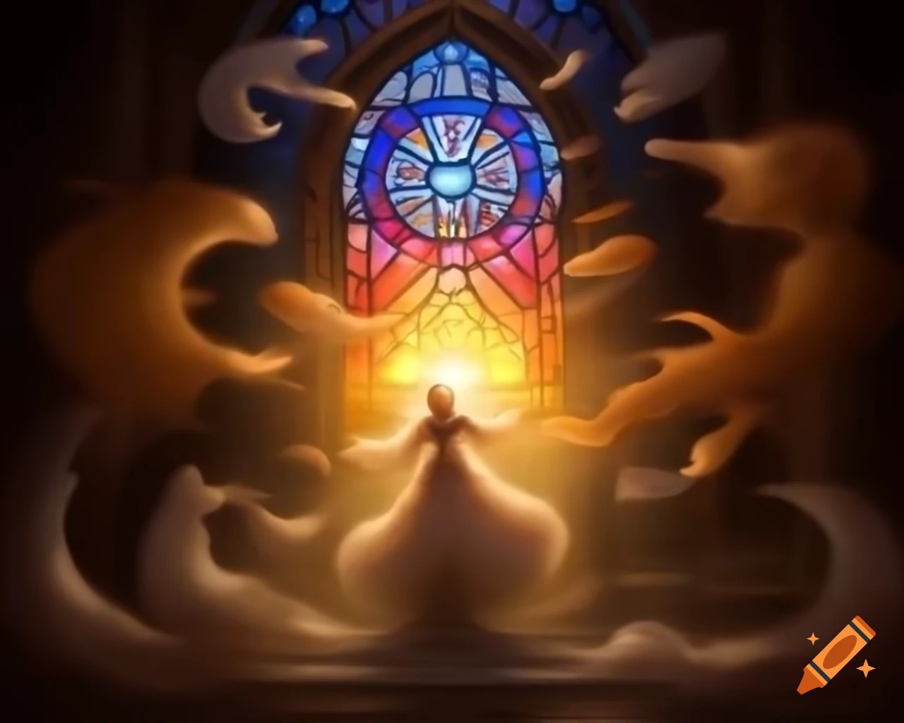 Stained glass art illustration with mystical hues at golden hour