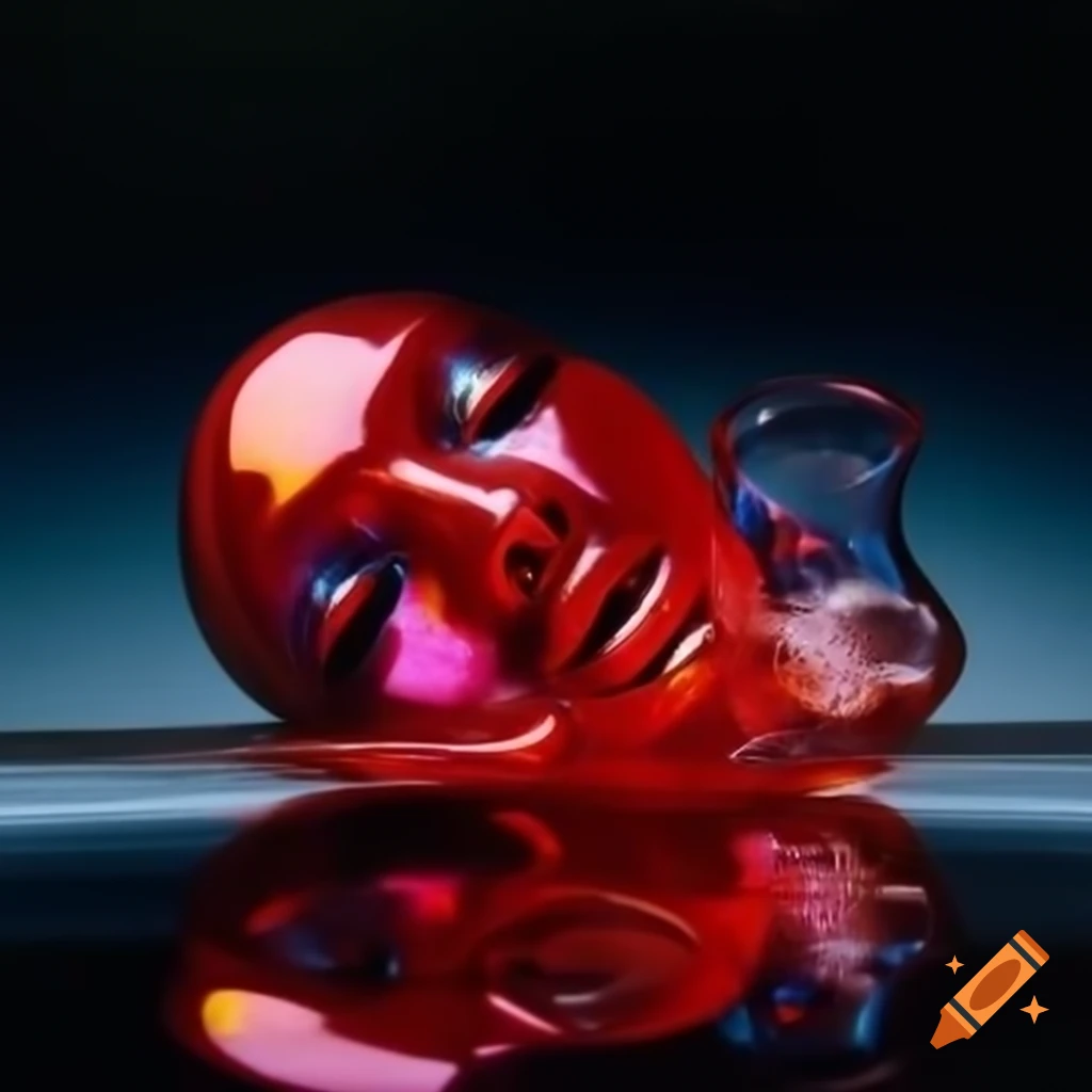 Iridescent red glass statue in pop surrealist 2000's photography