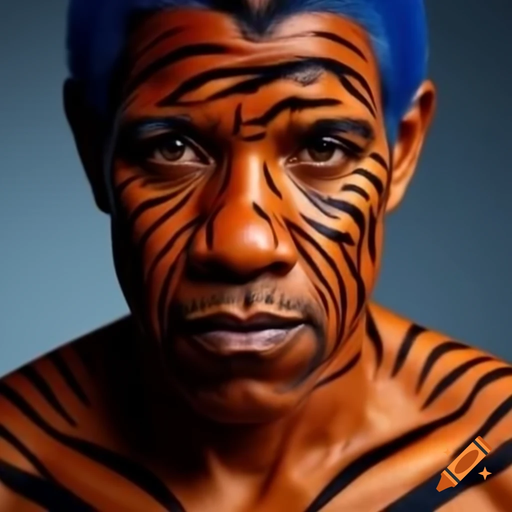 Muscular person with tiger-style makeup featuring blue hair and orange skin