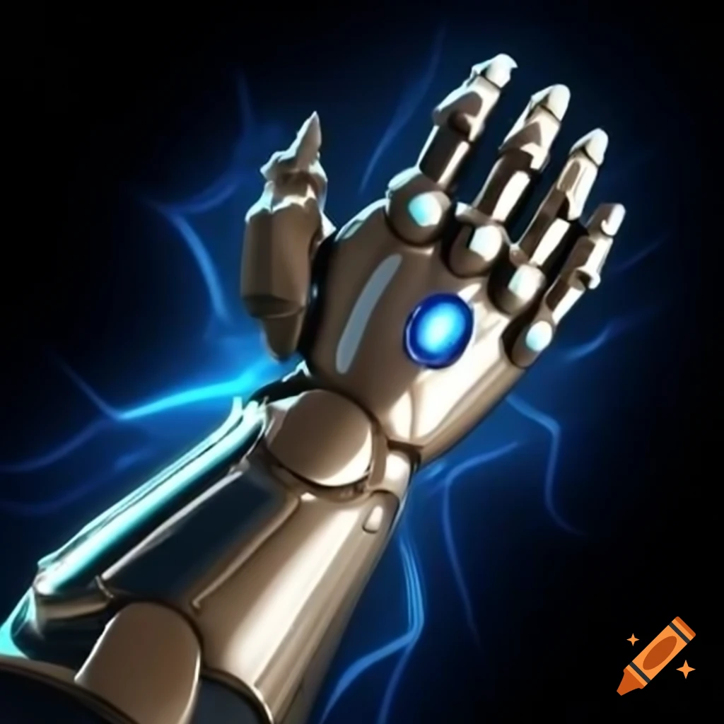Detailed metal gauntlet covering full arm with articulated plates and shiny finish