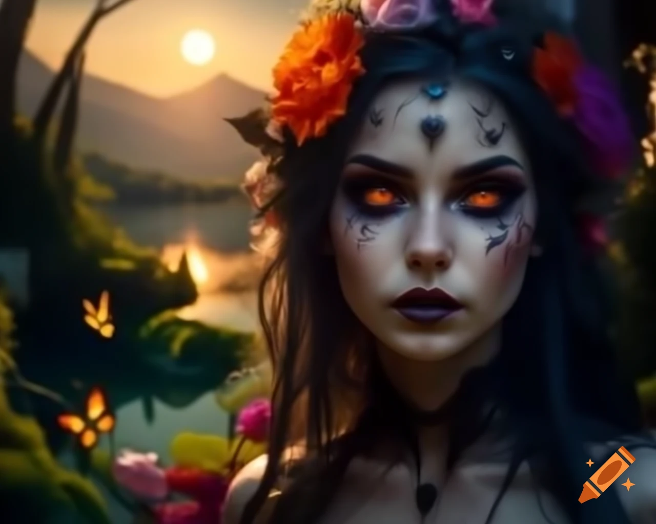 Hyperrealistic octane render of Gothic woman with floral and butterfly hair decoration