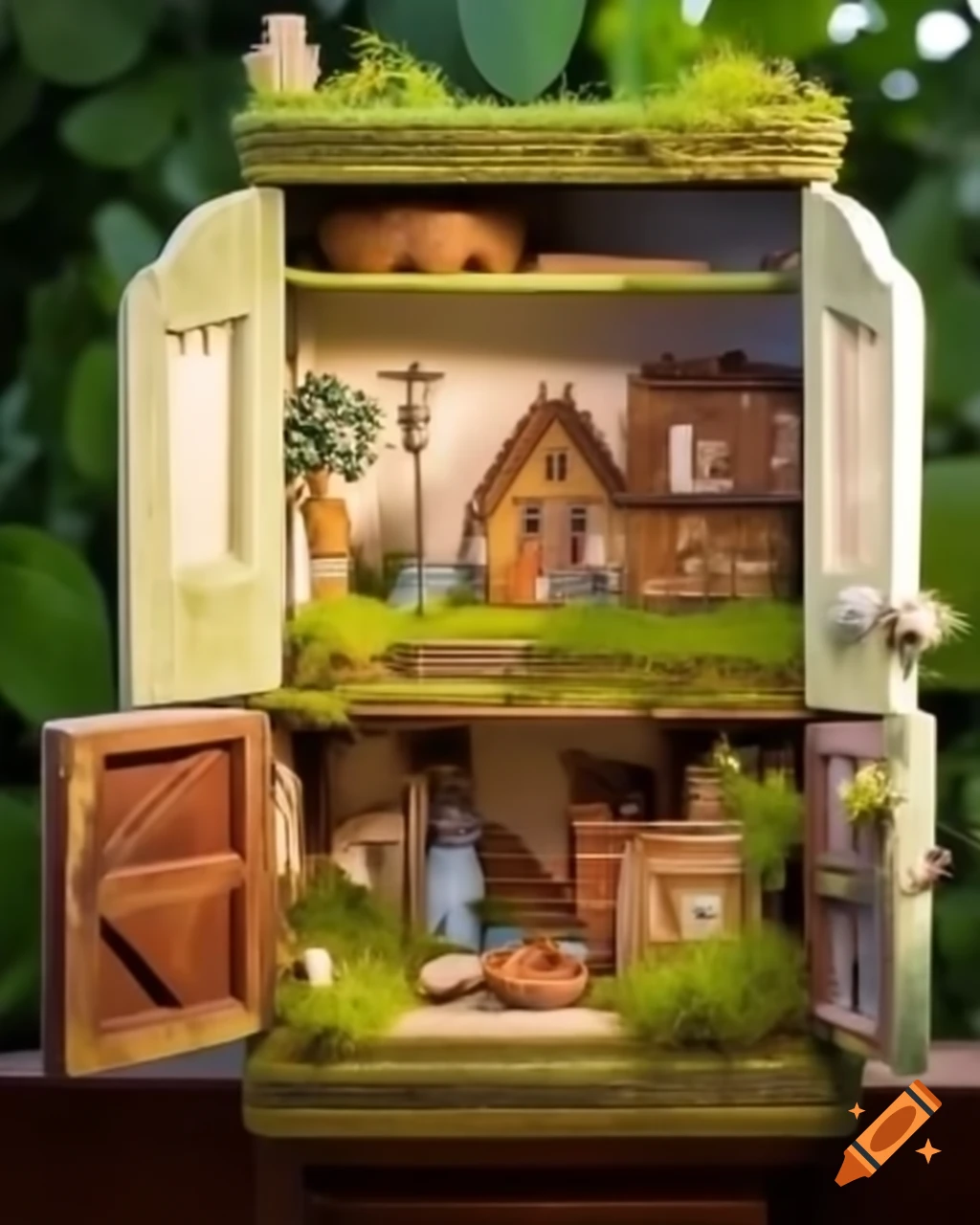 Miniature village in repurposed cupboard illuminated by soft sunlight