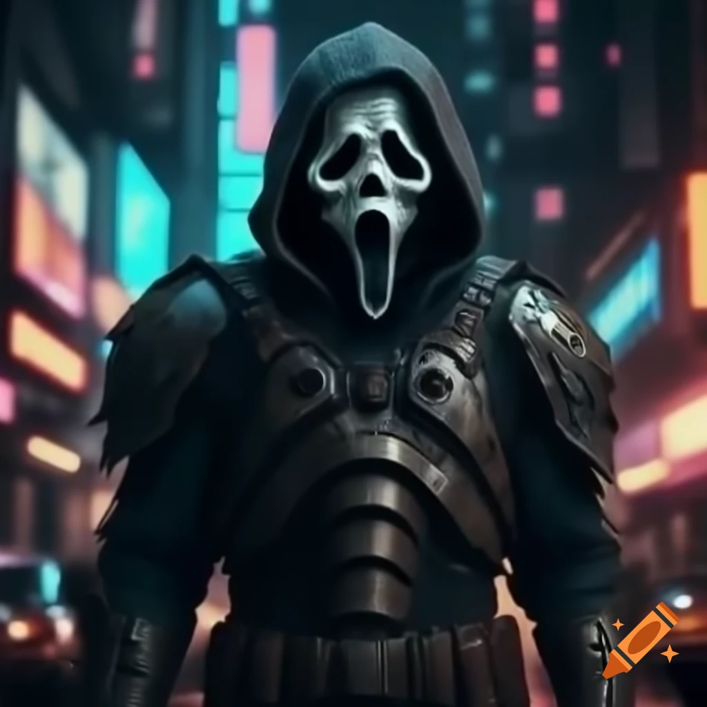 GhostFace neon armor in a vibrant cyberpunk city