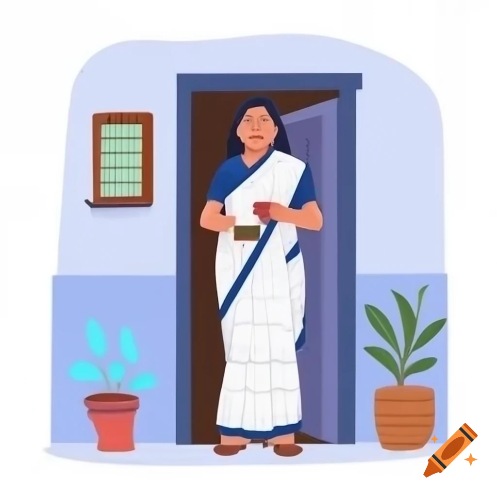 Aged woman in white and blue saree holding tea in front of her house