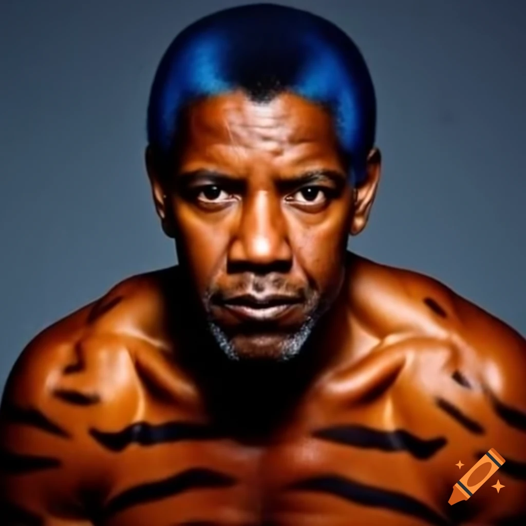 Denzel washington with tiger-style makeup, featuring blue hair and ...