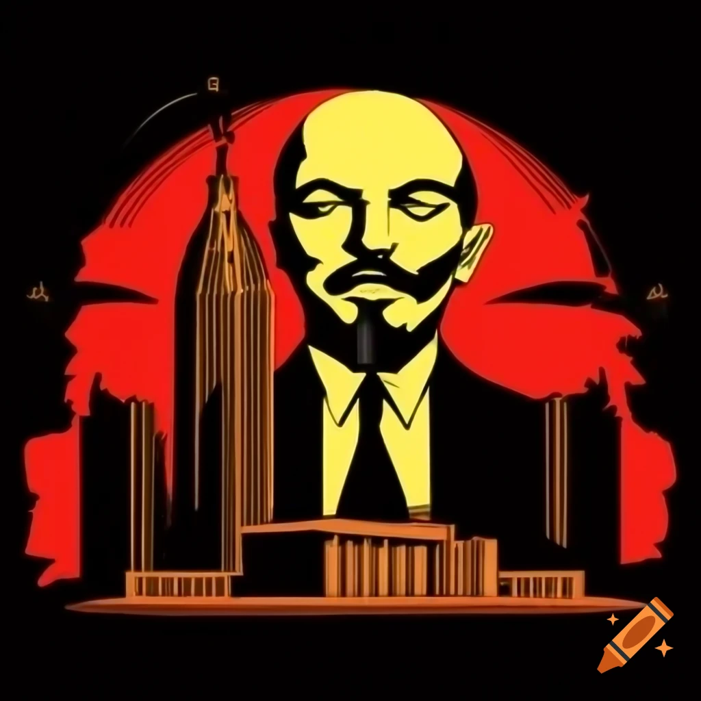 Constructivist avant-garde art featuring Lenin with building in background