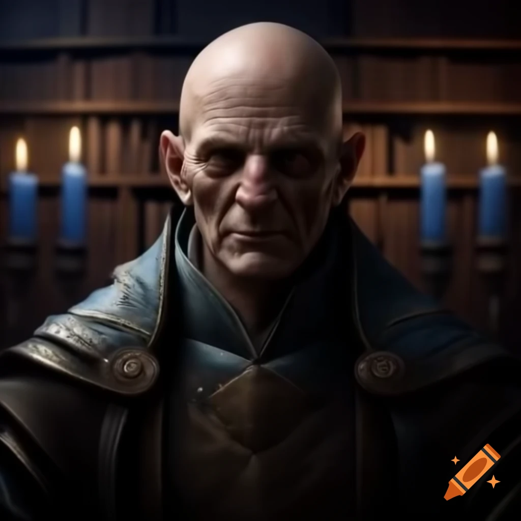 Ancient bald sorcerer with cataracts in dark library lit by blue candles