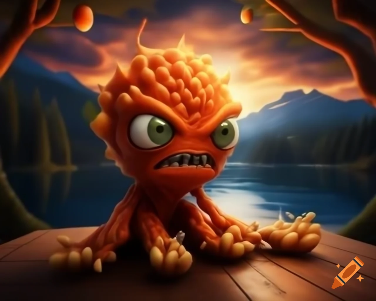 3D orange fruit tree monster with human face on wooden table in forest