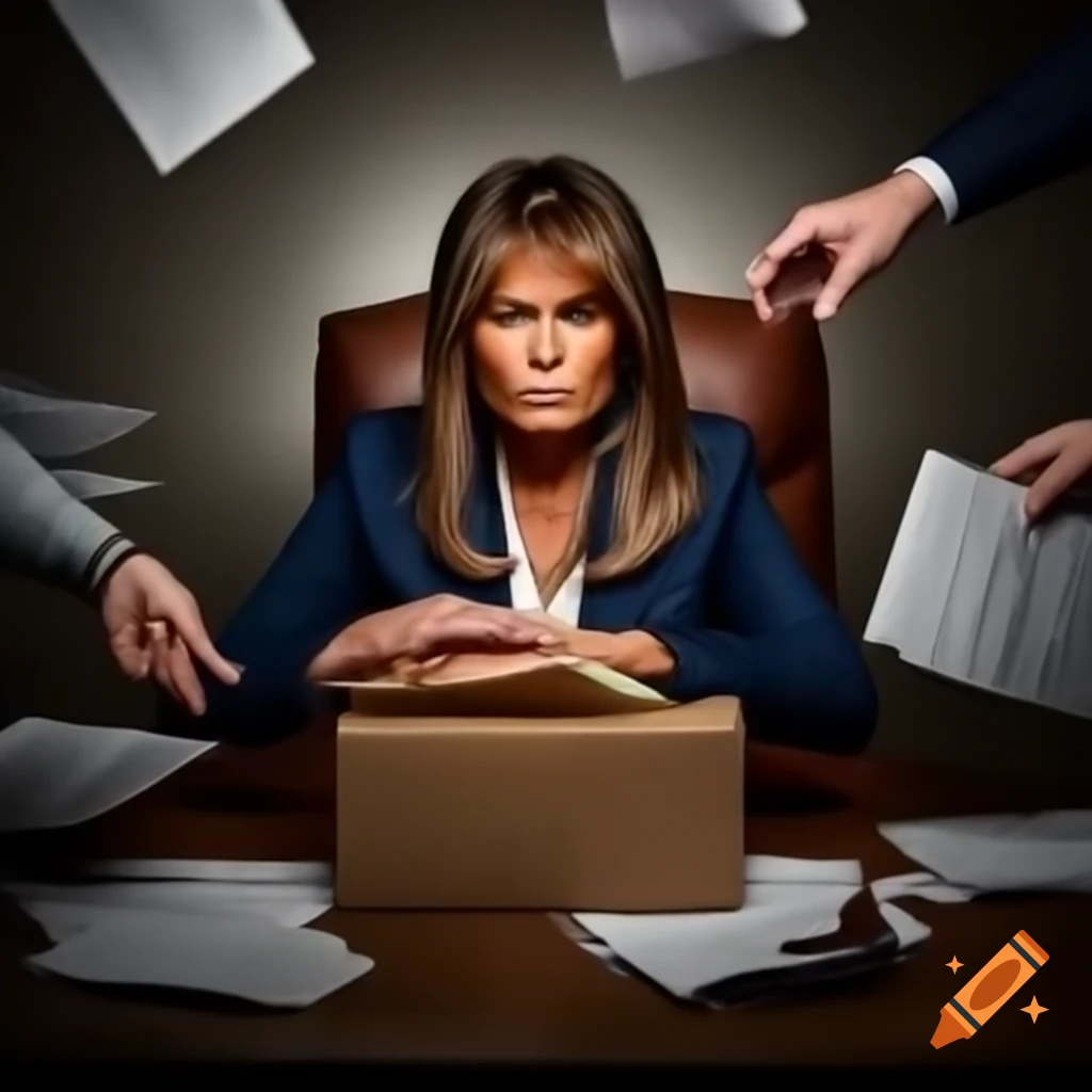 Photorealistic depiction of Melania Trump and Vladimir Putin exchanging a box of papers