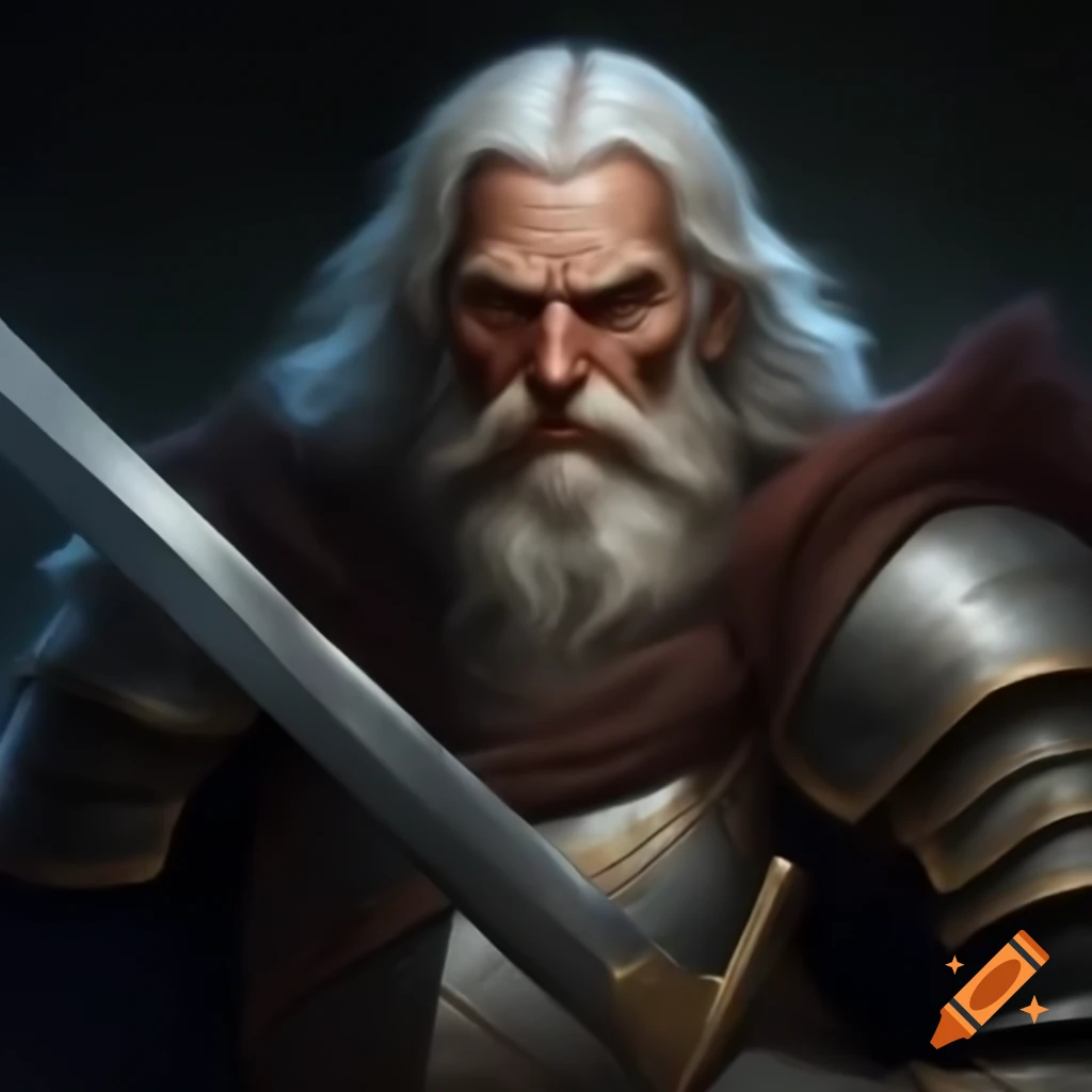 Stoic old knight with white hair wielding a longsword
