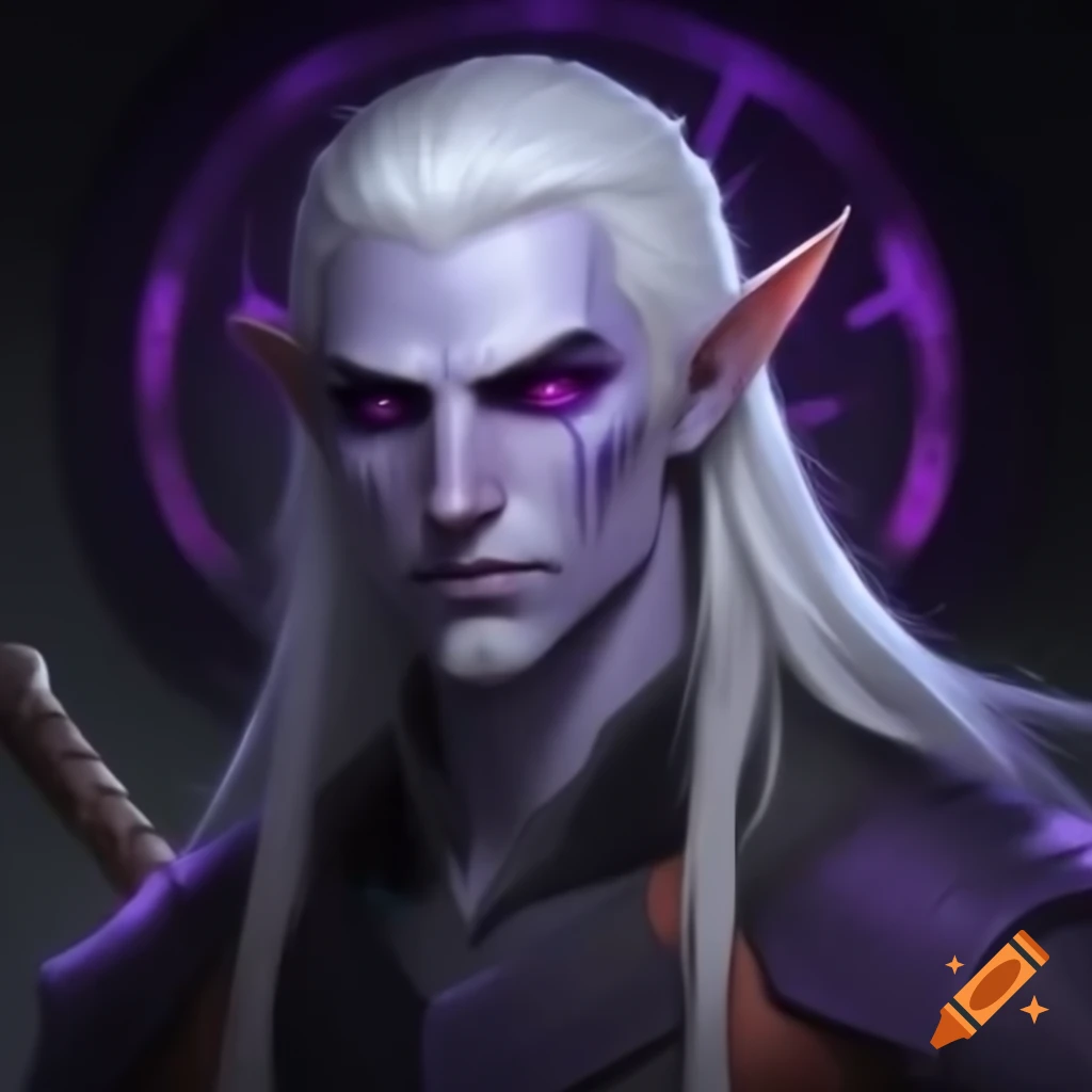 Hexblade Shadar-kai male elf with semi-long white hair and magic blade