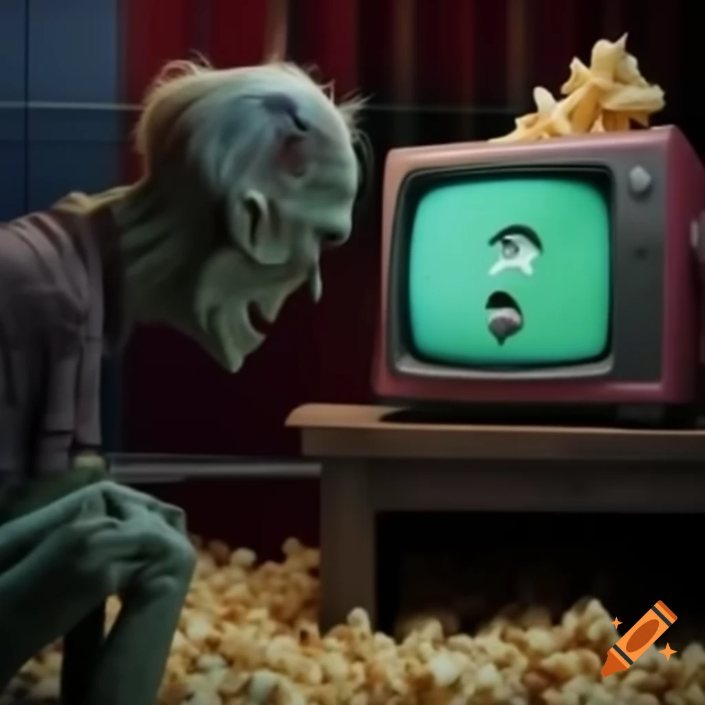 Zombie watching television with popcorn beside it