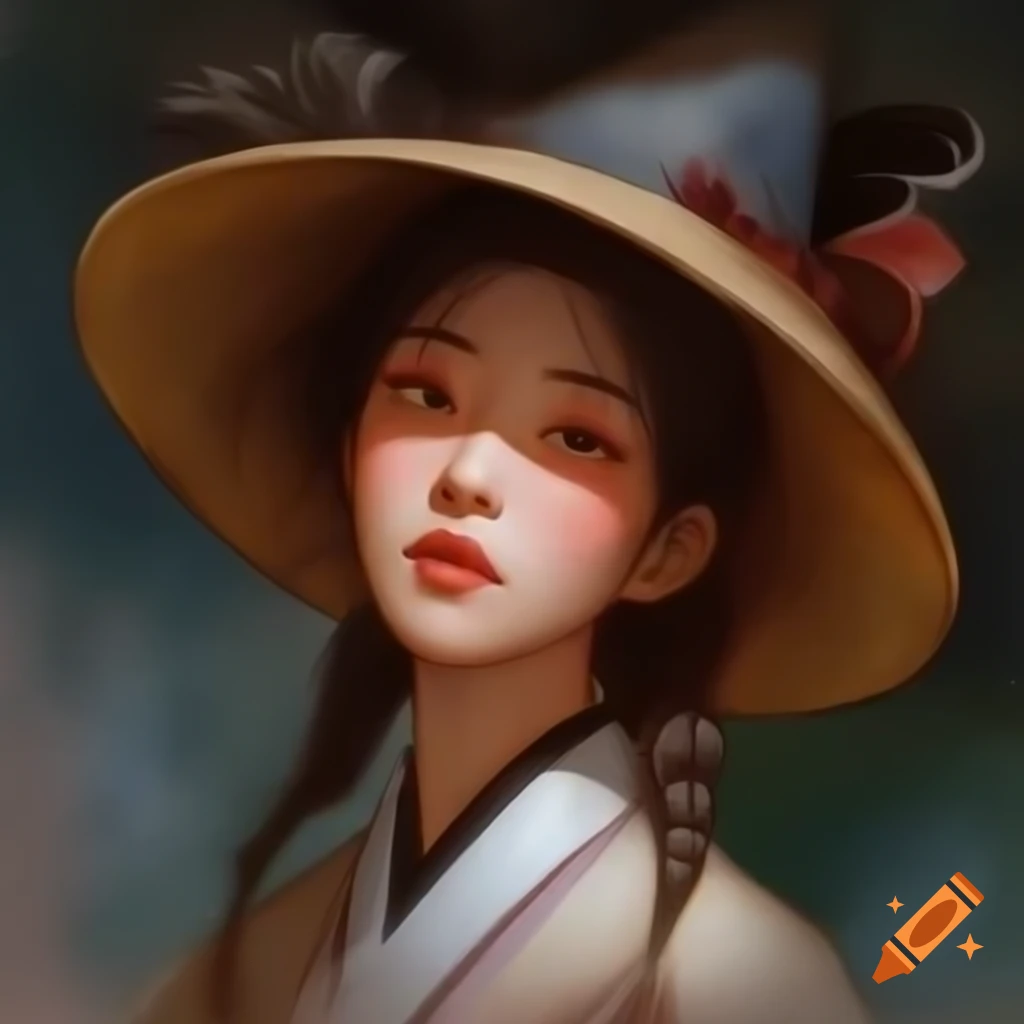 Detailed digital portrait of a charming Korean woman in watercolor style