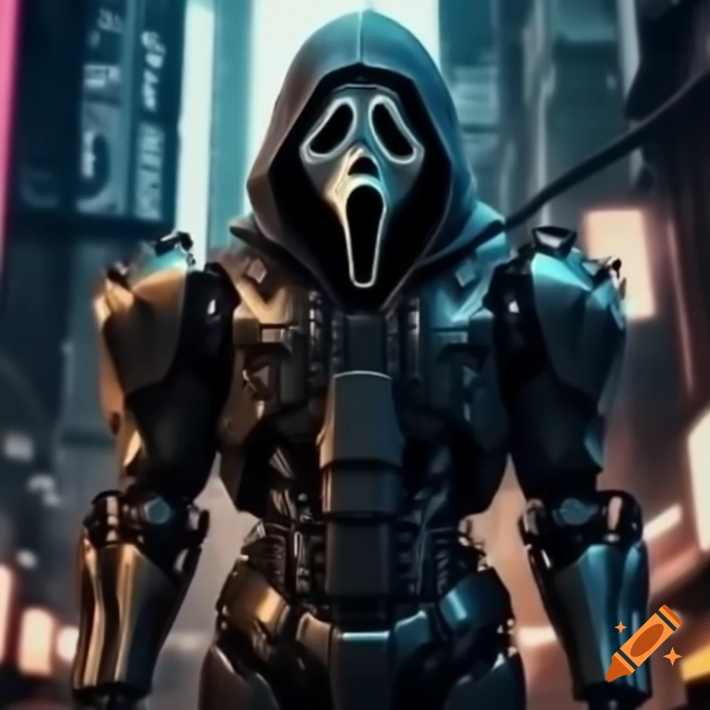 GhostFace robot armor in futuristic Cyberpunk city