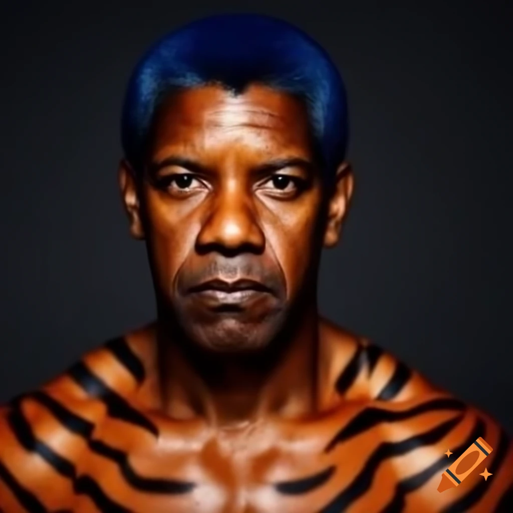 Muscular figure with tiger-style makeup featuring blue hair and orange skin