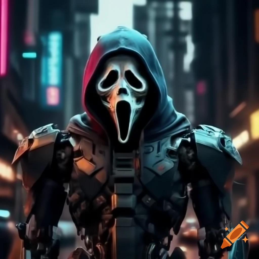 GhostFace robot armor in a vibrant cyberpunk cityscape