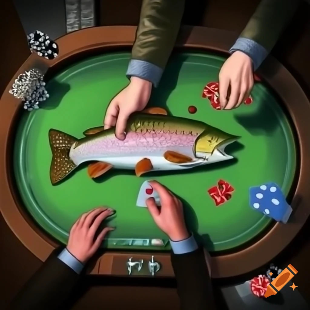 Trout playing poker in the style of Ralph Steadman