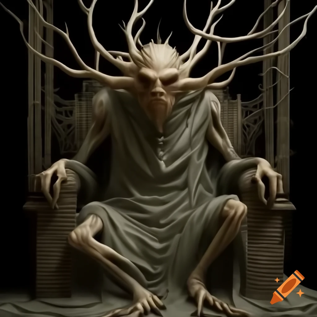 Undead creature on throne with tree-like appearance, inspired by 'Jupiter and Thetis', in the style of Giger and Druillet